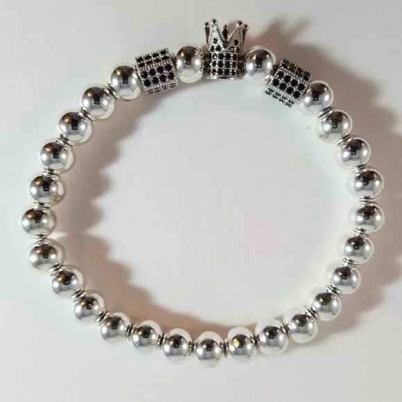 “SOLD” Hand Crafted Steel and Pave Beaded Stretch Bracelet Silver and Black 7.5" - Picture 4 of 6
